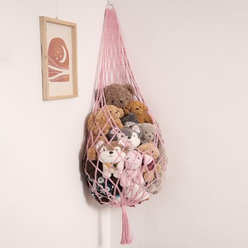 Image of Amdermi Stuffed Animal Hammock Corner Hanging Net for Stuff Animal Storage Macrame Toy Display Plush Toy Holder-Perfect for Tiny Space Walls-Kid Bedroom Decor Nursery Playroom Organizer (Light Pink)