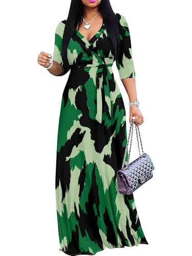 Image of Plus Size Dresses for Women Print Maxi Dresses 3 /4 Sleeve with Belt