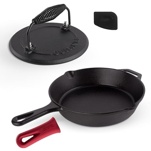 Image of Cuisinel Cast Iron Skillet + Grill Press + Scraper Set - 10 inch-inch Pre-Seasoned Frying Pan + Silicone Handle Grip - 7 inch Round Burger Smasher - Indoor /Outdoor, Grill, Kitchen Cookware. PFAS and PFOA-free