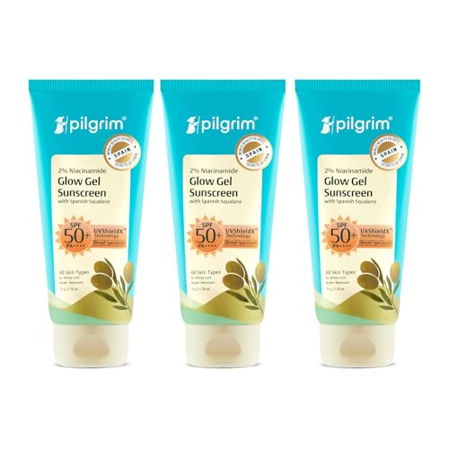 Image of Pilgrim 2% Niacinamide Glow Sunscreen SPF 50 +++ for Women and Men with Spanish Squalane | Enhances Glow, Broad spectrum, Non-greasy, No white cast & Prevents Tanning | All skin types - 50 g (Pack of 3)