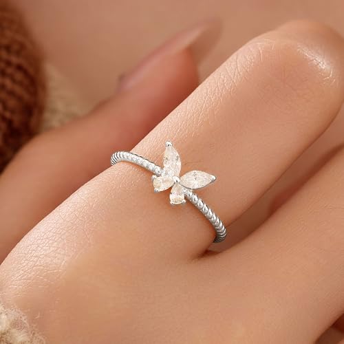 CZ Butterfly Ring for Women 925 Sterling Silver Cool Cute Simple Promise Rings 14K Gold Plated Dainty Trendy Stackable Minimalist Wedding Band Ring to Daughter Mom Christmas Wedding Ideal Gift4