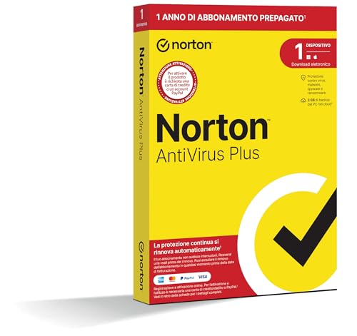 Norton Antivirus Plus 2025, 1 dispositivo, 1 anno rinnovo automatico, prodotto fisico