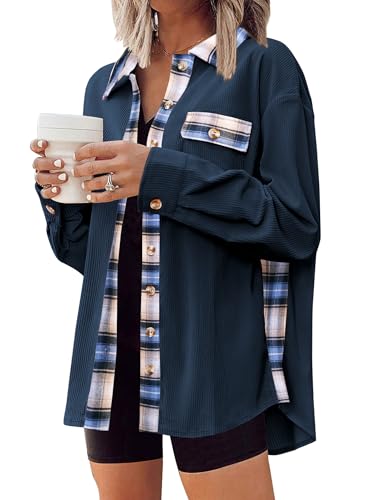 Zeagoo Womens Corduroy Flannel Shacket Jacket Casual Plaid Button Down Shirts Long Sleeve Fall Tops with Pockets