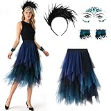 CHENBOOW Falda de Tul para Mujer,4 Piezas Falda Plisada de Malla Irregular,Disfraz Plumas Mujer,Pulseras y Tocado De Plumas Góticos,para Halloween Carnaval Fiesta Cosplay Mascarada