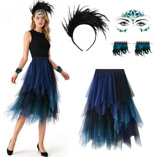CHENBOOW Jupe Tulle Femme,4 Pièces Déco Midi Taille Haute en Ligne A,Bracelet Gothique à Plumes,Tête Plumes,Jupe Asymétrique,Accessoire de Costume,pour Le Carnaval,Mardi Gras,Soirée à Thème