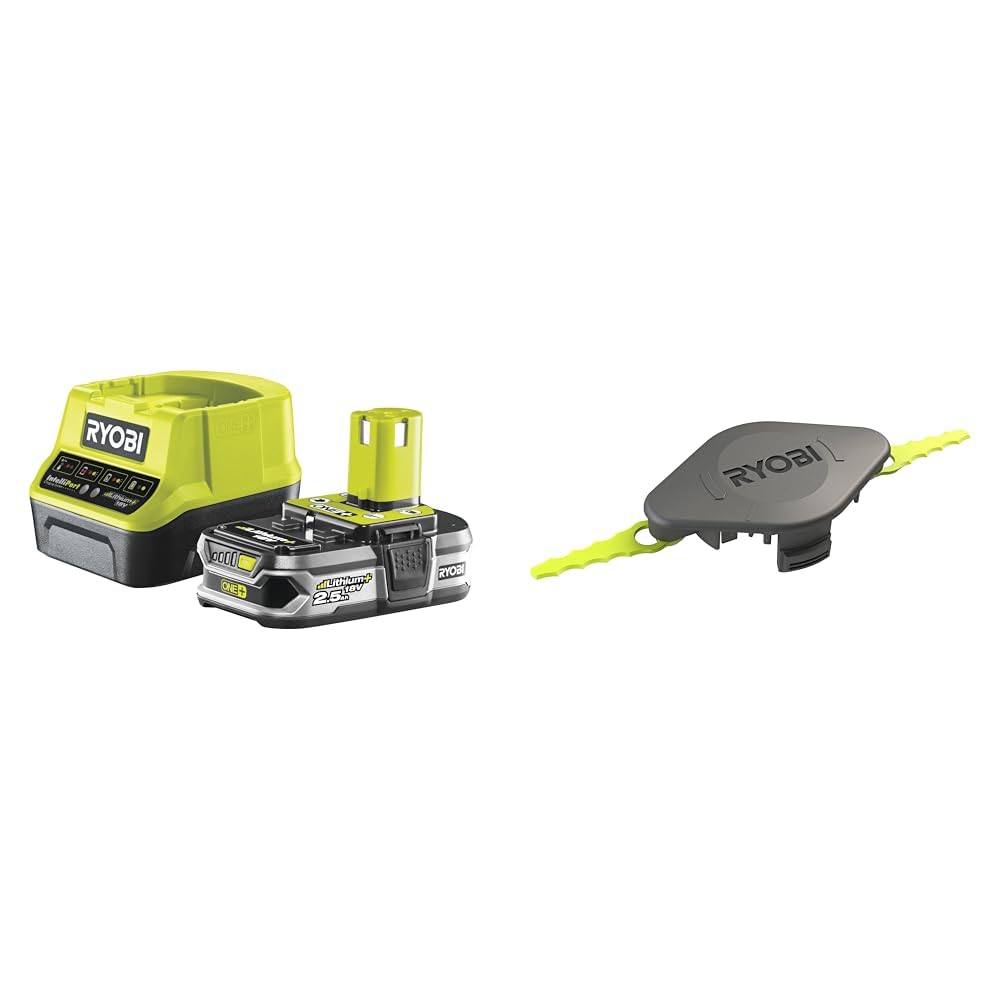 Ryobi 5133002237 Batterie d'outillage 18 V 2,5 Ah & Tête Double Lames Dentelées (+10 Lames) pour Coupe-Bordures, Dresse-Bordures - Spéciale Herbes Hautes/Épaisses
