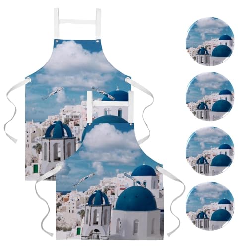 Lot de 2 tabliers de cuisine Santorini bleu ciel et multicolore avec 4 broches
