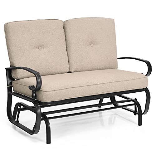COSTWAY 2-Person Outdoor Glider Bench, Patio Double Swing Rocking Chair with Cushions, Steel Frame Garden Loveseat Relax Gliding Chair for Balcony, Porch and Poolside (Beige, 120 x 68 x 85cm)