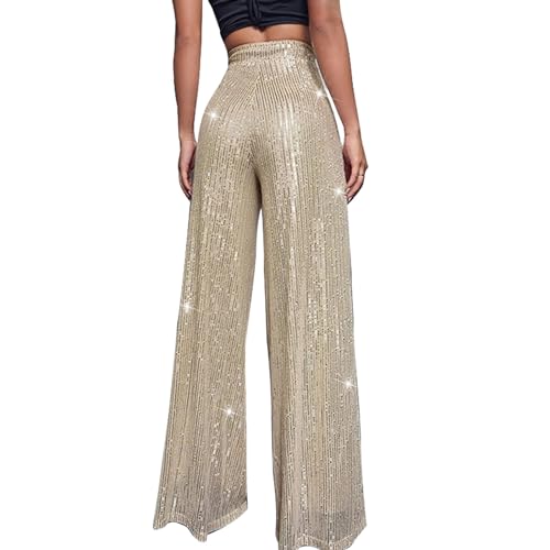 Womens Wide Leg Pants Elastic High Waist Sequin Sparkly Dance Pants Baggy Summer Fashion Baggy Palazzo Stretch Trousers Rose Gold3