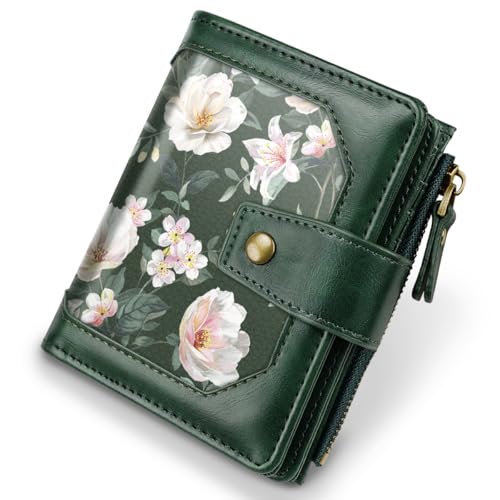 Image of Women Wallet Bifold RFID Blocking Small Credit Card Holder Leather Wallets Cards Case Ladies Purse with Zipper, Dark Green Flowers