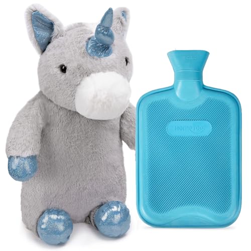HomeTop Premium Classic Rubber Hot Water Bottle with Cute Stuffed Plush Unicorn Cover (2L, Gray)