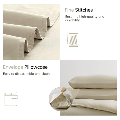 Image of JELLYMONI Cotton Duvet Cover Full Size - 100% Washed Cotton Linen Like Textured Comforter Cover, 3 Pieces Lightweight Soft Bedding Set with Zipper Closure (Light Khaki, Full 80 inchx90 inch)