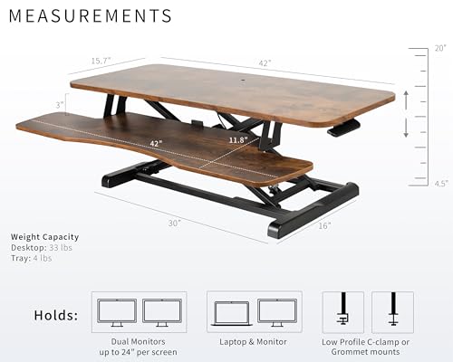 Image of VIVO 42 inch Desk Converter, K Series, Height Adjustable Sit to Stand Riser, Dual Monitor and Laptop Workstation with Wide Keyboard Tray, Rustic Vintage Brown Top, Black Frame, DESK-V042KN
