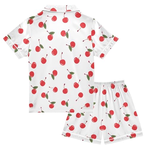 ALAZA Red Cherry Leaf White Satin Pajamas Set Short Sleeve Button Down Sleepwear Summer Pjs 2 Piece2