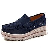 Veroders Women's Suede Wedge Loafers Slip-On Comfortable Penny Loafers Thick Soft Platform Shoes Business Work Walking, 3088 Blue, 9.5