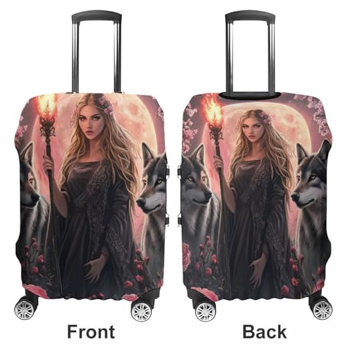 Witchcraft Goddess with Wolf Dogs Luggage Cover Suitcase Protector Travel Baggage Covers for Men Women M3