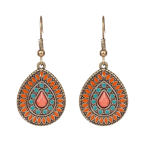 Handmade Boho Teardrop Earrings for Women Unique Tribal Ethnic Colorful Vintage Antique Enamel Waterdrop Dangle Drop Statement Earrings All-match Sculpted Water Drop Jewelry Gifts (Orange Pink)