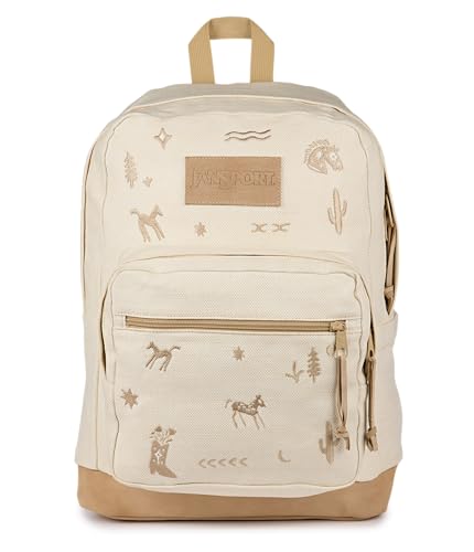 JanSport Right Pack Expressions Backpack Main Compartment 15-inch Padded Laptop Compartment Side Water Bottle Pocket Utility Pocket with Zippered Rain Flap Yehaw And Horses Emb Tan