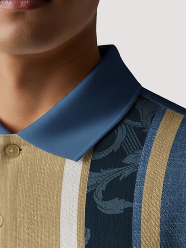 Image of BULLMER White Striped Printed Polo Neck Fullsleeve Tshirt with Rib for Men.