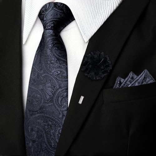 Image of DiBanGu Mens Zipper Tie Silk Pre-Tied Necktie with Gift Box | Jacquard Woven,Paisley Solid Plaid Pattern,6PCS with Pocket Square,Cufflinks and Lapel Pin,for Wedding Party Formal Business