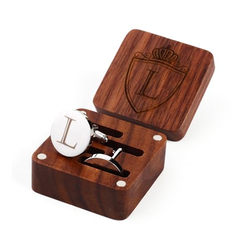 Image of Mens Initial Silver Cufflinks A-Z Alphabet Letter Steel Cuff Links with Engraved Walnut Wood Box Groom Groomsman Wedding Set