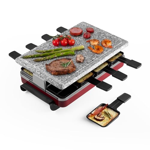 Swissmar Classic 8-Person Raclette Party Grill - Indoor Electric Grill & Griller with Granite Stone Grill Plate - Red