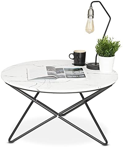 Bravich Stylish Marble Effect Round Coffee Table with Black Coated Finish Metal Legs for Home, Office and Family Use - 80cm X 45cm