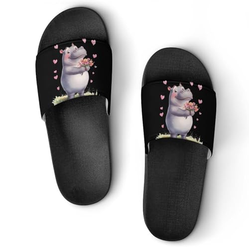 Hippopotamus Flowers Love Heart Shower Slippers for Women Men Casual Non-Slip Slide Sandals Beach Bathroom Shoes