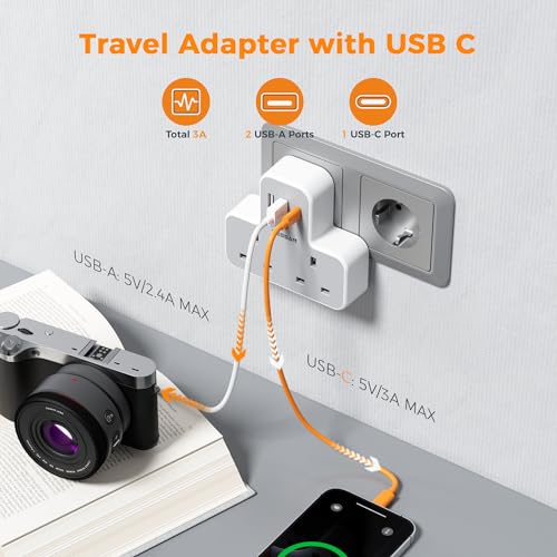 UK to European Travel Plug Adapter, TESSAN EU Adapter with 3 USB Ports (1 USB C), 2 Way Adaptor UK to Europe - Image 3