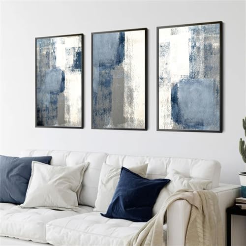 Ensemble de 3 Affiches D'Art Abstraites Bleu Marine Gris Avec Coups de Pinceau Peinture sur Toile Tableau Mural pour Salon Bureau Décoration D'Intérieur-60x80Cm=24x31 Pouces-3 Pièces (Sans Cadre)