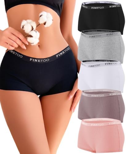 FINETOO Boyshort Underwear for Women Cotton Boxer Briefs Full Coverage Ladies BoyShorts Panties 5 Pack