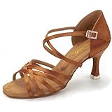 RoseMoli 3' Ballroom Dance Shoes Women Salsa Latin Dance Shoes for Woman Satin Professional Practice Performance for Dancing Heels Tan 6