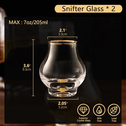 Image of DUJUST‌ Elegant Curvaceous Snifter Glasses Set of 2 (7oz), Crystal Whiskey Glass with 24K Gold Leaf Flakes, ONE OF A KIND, Luxury Glass for Brandy /Bourbon /Tequila, BPA-Free&Lead-Free