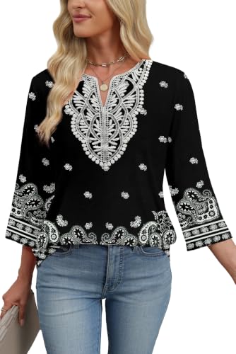 Image of WIHOLL 3 /4 Length Sleeve Womens Tops Boho V Neck Lace Shirt Trendy Blouses Dressy Casual Vacation Clothes S-3XL
