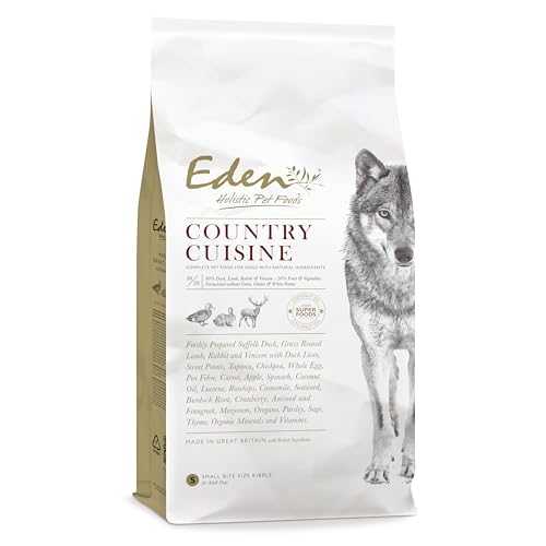 Eden Country Cuisine - Pienso seco natural para perros adultos y adultos mayores, 12 kg de croquetas, pato, conejo, cordero y venado. Apoya la digestión, un pelaje brillante, ideal para perros activos
