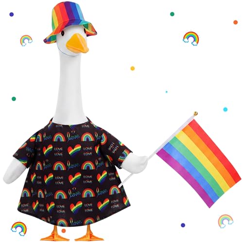 Cosblank Rainbow Porch Goose Outfit for 23Lawn Cement Goose Statues Gay Pride LGBT Shirt with Fancy Multicolor Hat for Pride Month(Stylish)