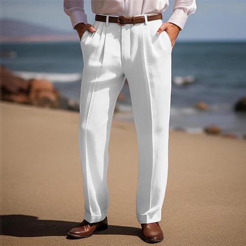 Men's Classic Fit Pleated Linen Pants Loose Straight Leg Trousers for Golf Business Casual Work2