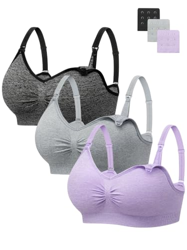 Image of Angelhood Womens Seamless Sleep Nursing Bra,Breastfeeding Maternity Bra with Remove Bra Pads Extenders Pack of 3