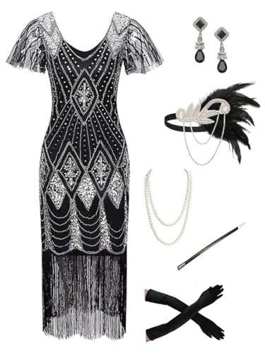 Image of 869A - Plus Size 1920s Vintage Fringed Gatsby Sequin Beaded Tassels Hem Flapper Party Prom Cocktail Dress with Accessories (Black Silver Diamond, 2X)
