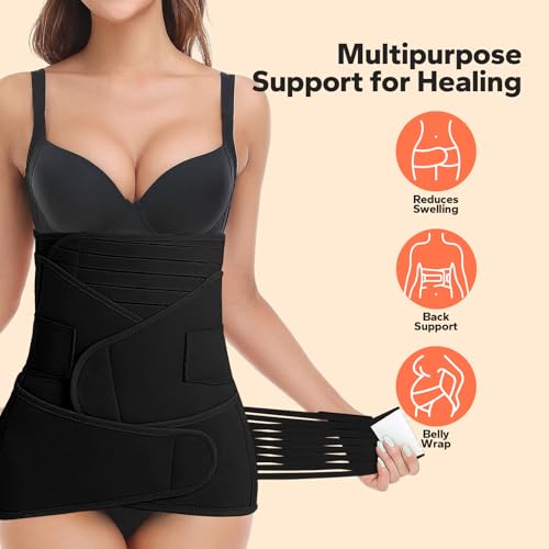 3 in 1 Postpartum Belly Band (Black), Post Partum Waist Binder, Posture Correction Abdominal Binder, Belly Band Postpartum Belly Wrap, Postpartum Belly Wrap (For waistline 25"-35", S/M)3