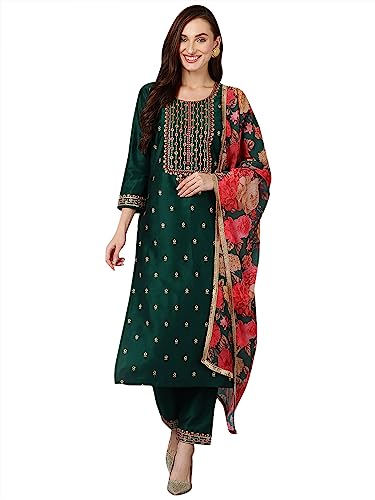 Image of Vaamsi Women's Silk Blend Embroidered Straight Kurta Pant With Dupatta Set