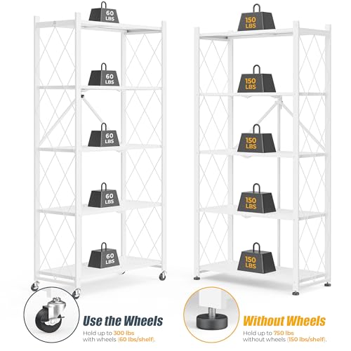 Image of 5-Tier Folding Metal Storage Rack - 63 inch Heavy-Duty Steel Frame with Wheels, No Assembly Utility Organizer, Rolling Shelving Unit for Kitchen, Garage, Pantry, Bedroom (White, 5 Tier)