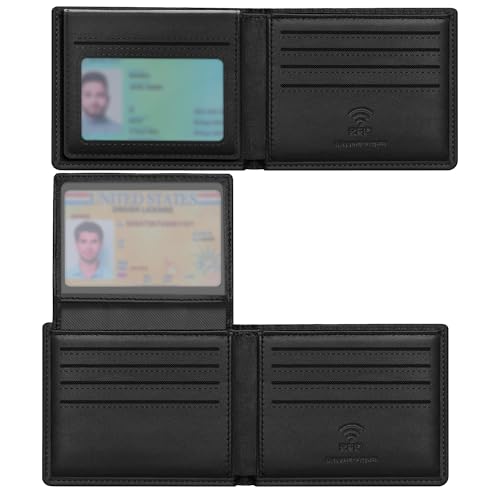 Travelambo Leather Wallet for Men Minimalist Bifold Rfid Blocking Wallets, Grain Leather Black, 4.5x3.5 Inch, Minimalist