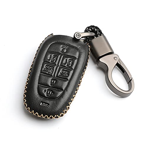 WFMJ Leather for 2022 2021 2020 2019 Hyundai Sonata Santa Fe Tucson Smart 5 7 Buttons Key Fob Case Keychain Cover Chain (Black,7 Buttons)