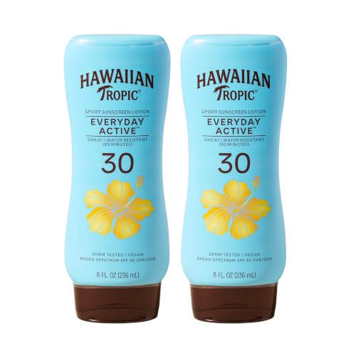 Everyday Active Lotion Sunscreen SPF 30, 8Fl Oz Twin Pack, Hawaiian Tropic Sunscreen SPF 30, Sunblock, Oxybenzone Free Sunscreen, Broad Spectrum Sunscreen Pack, 8Fl Oz each