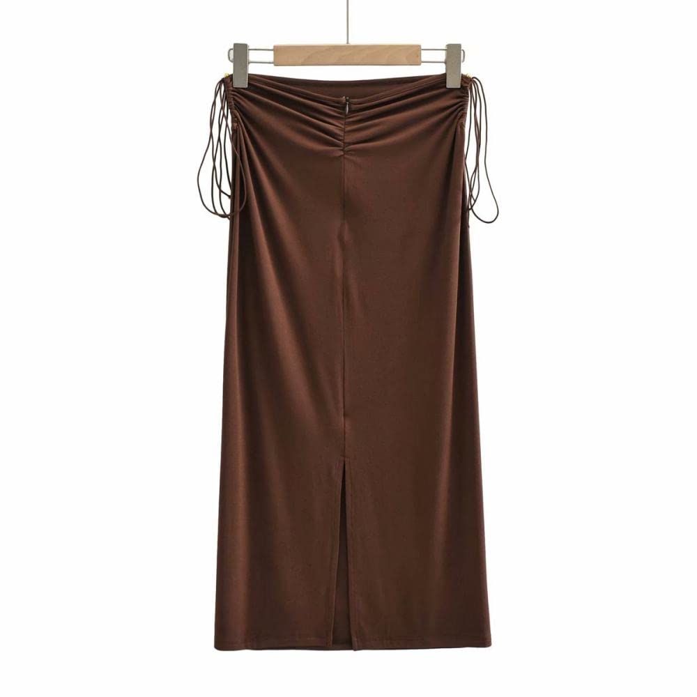 Röcke,Damen Maxirock Braun Kordelzug Bodycon Schlitzrock Mode Reißverschluss A-Linie Geraffte Volltonfarbe Lässige Hüften Umwickelte Lange Röcke Für Mädchen Damen,M