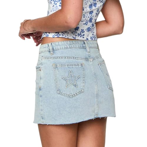 Mxiqqpltky Cute Denim Skirt Women Vinatge Star Low Rise Stretchy Raw Hem Jean Skirt Casual Slim Fit Mini Skirt Y2K Streetwear