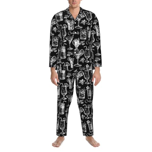 Hand Drawn Sketch Cocktails Mens Pajamas Set Button Down Sleepwear Set Long Sleeve Loungewear With Pockets