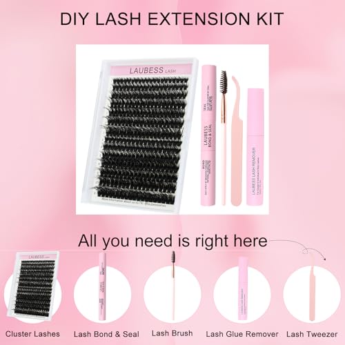 Image of Lash Extension Kit LAUBESS Lash Clusters Kit Cluster Eyelash Extensions Kit Eyelash Clusters Lash Bond and Seal Waterproof Tweezers Brush Lash Glue Remover (Kit 60D /80D-D-Mix8-18(3D)