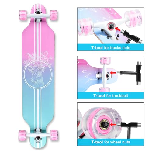 Longboard Skateboard für Jungen Mädchen Anfänger Erwachsener Teenager,Cruiser komplettes Board 8-lagiger Ahorn Longboard Bürste Street Dance Board mit T-Tool (PINK-Deer)